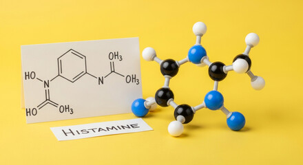 Detailed histamine molecule structure and formula on a vibrant yellow background. Illustrates scientific representation of histamine. Perfect for educational or medical content.