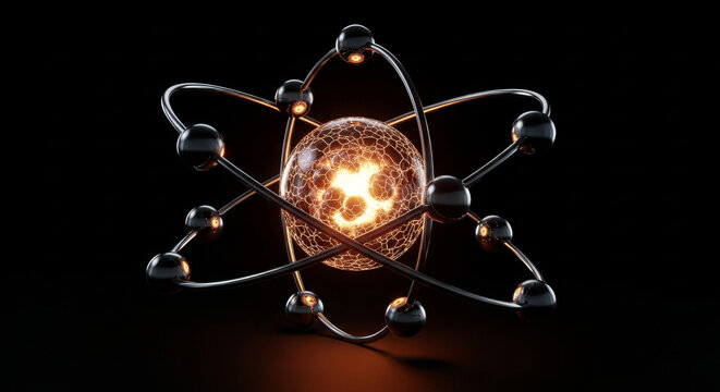 A detailed 3D illustration of shiny metallic atom model is set against a stark black backdrop, radiating bright orange light, symbolizing scientific concepts of energy and quantum physics. - Powered by Adobe