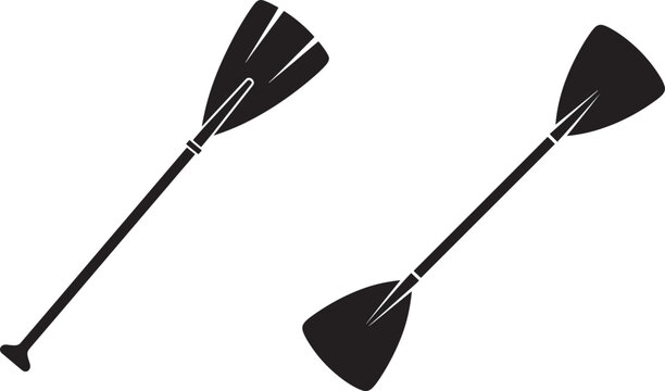 Two black silhouette paddles for kayaking or paddleboarding isolated on transparent background