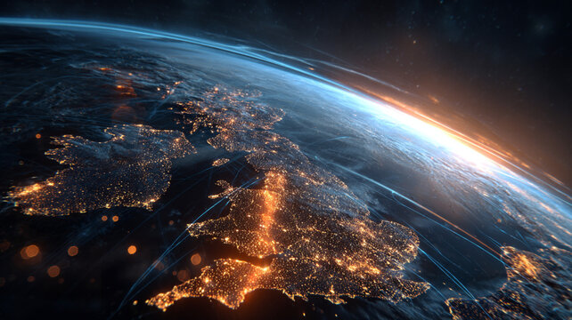 Digital Earth from Space Highlighting UK and Europe with Glowing City Lights and Network Connections