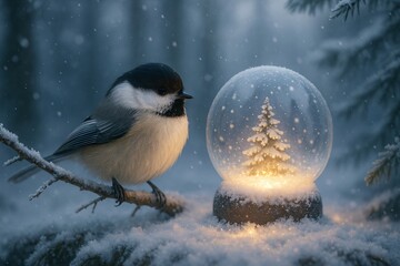 Cute Chickadee Bird Perched on a Snowy Branch Next to a Glowing Snow Globe with a Christmas Tree