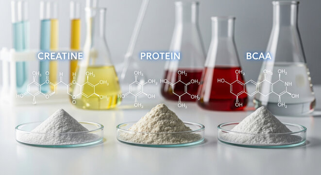 Close up view of creatine protein and BCAA powders in petri dishes, flasks filled with colored liquid, science sterile lab, experiment and laboratory setup.