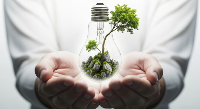 Close up of lightbulb with tree inside, held in hands with white background, showcasing environment, sustainability, and green energy concepts. - Powered by Adobe