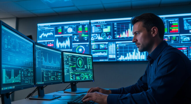 A man in a blue shirt is analyzing financial data displayed on multiple computer screens in a dark room. He is focused and professional, working in a high-tech business environment with blue lighting.