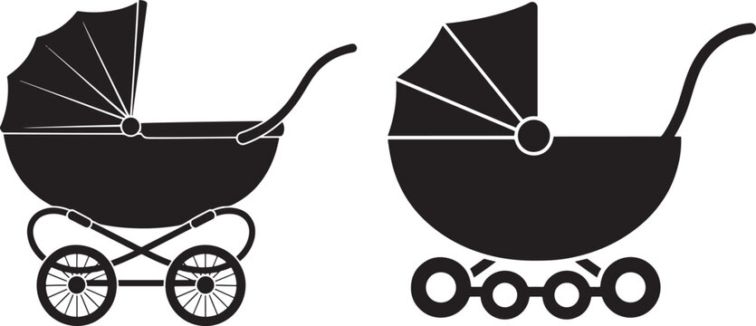 Two classic baby carriage silhouettes side by side isolated on transparent background