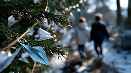 Two children delightfully walk along a snowy path, exploring paper crafts and colorful decor, capturing the essence of childhood joy and creativity during winter.