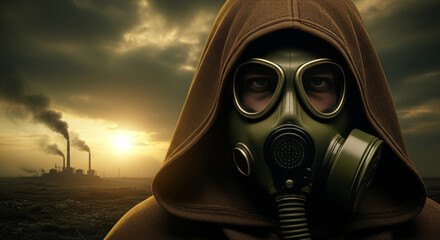 A man wearing a gas mask and a brown hooded cloak stands in a post-apocalyptic landscape at sunset with a factory silhouette and ominous sky creating a dystopian scene.