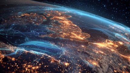 Cinematic 3D Earth Globe Showing UK with Pulsing Data Nodes and Connected Network Lines