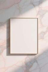 Blank Picture Frame with Golden Border on Pink Marble Texture with Sunlight Shadow