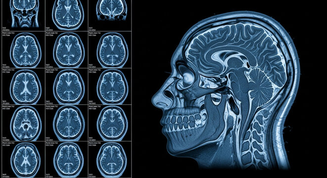 Medical image featuring a blue toned MRI of human head and brain scans displaying anatomical details against a black background. The image is for medical illustration.