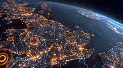 Futuristic Digital Globe with UK Highlighted, Glowing Network Lines and Global Data Nodes