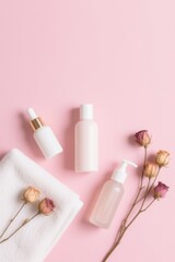 Cosmetic Products and Dried Flowers on Pink Surface