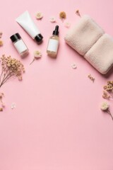 Cosmetic Products And Floral Decoration On Soft Pink Backdrop With Neutral Tone Towels