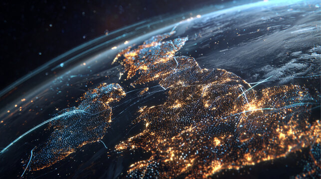 Futuristic Digital Globe with UK Highlighted, Glowing Network Lines and Global Data Nodes