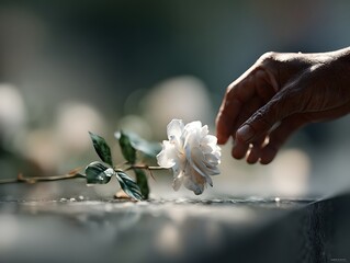 Hand placing a white flower on a memorial stone, symbolizing personal farewell, grief expression and intimate funeral tribute, shallow depth and soft light