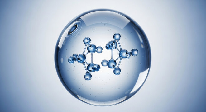 Detailed close-up of a molecule model encapsulated within a water droplet against a gradient blue backdrop. The droplet highlights the intricate atomic structure of the molecule.