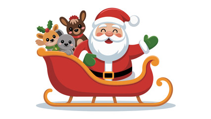 Santa's Festive Ride: Cheerful Santa Claus waves, accompanied by his reindeer friends, aboard a vibrant sleigh, ready to spread holiday cheer and deliver gifts.