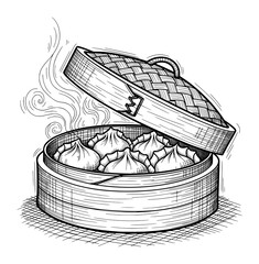 Vintage Engraving of Chinese Dumplings in Bamboo Steamer. Hand-Drawn Food Vector for Culinary Tradition.
