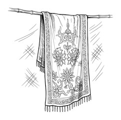 Ornate Patterned Textile Hanging in Hand-Drawn Line Art. Vector Illustration for Home Decor Inspiration.