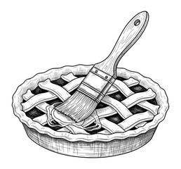 Vintage Engraving of Lattice-Topped Pie with Pastry Brush. Baking Comfort Vector Illustration for Home Cooking.
