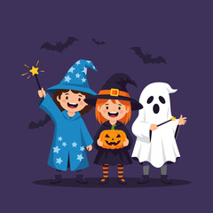 Cute Kids in Halloween Costumes: Wizard, Witch, Ghost, Celebrating with Bats. Flat Vector Art.