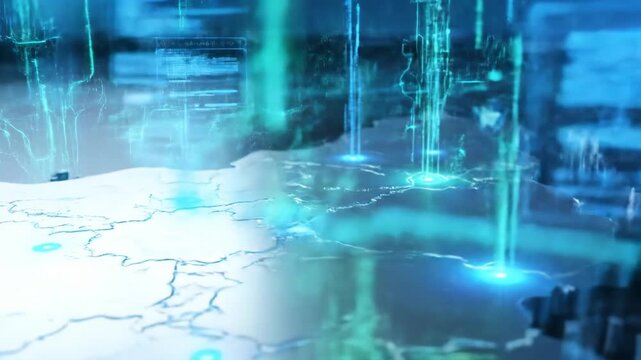 A digital representation of a map with glowing lines and data streams, suggesting network connectivity. - Powered by Adobe