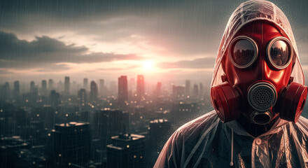 A person wearing a red gas mask and a clear raincoat stands on a rooftop overlooking cityscape at sunset with falling rain and water droplets. This image evokes a sense of danger and anonymity.