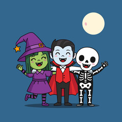 Happy Halloween friends: cartoon witch, vampire, and skeleton characters together under a full moon illustration.