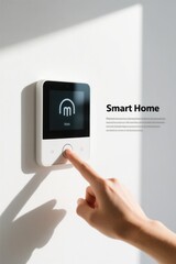 Person Interacting With Smart Home Device on White Wall with Minimalist Design and Soft Lighting