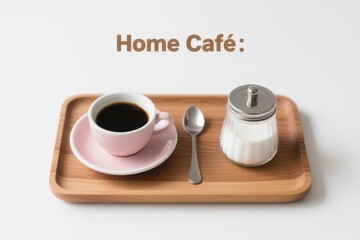 Pink Coffee Cup on Saucer with Silver Spoon and Sugar Jar on Wooden Tray Against White Background