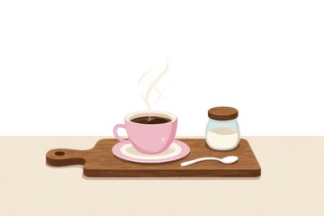 Pixel Art Coffee Cup on Wooden Board with Sugar Container and Spoon