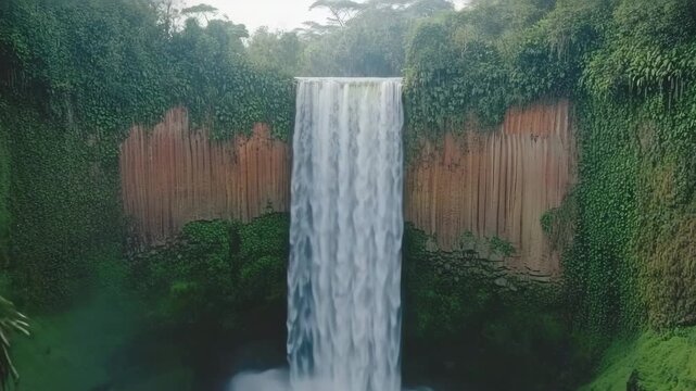 Majestic waterfall showcasing nature's beauty with slow pan and zoom effects in a lush green landscape