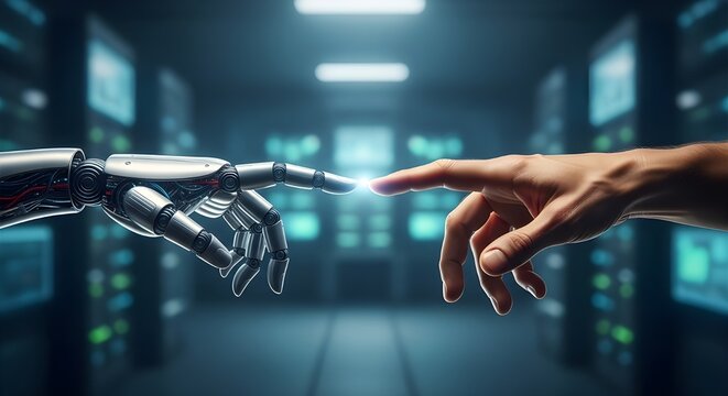 Humanity and Artificial Intelligence Connecting in Digital Realm - Powered by Adobe