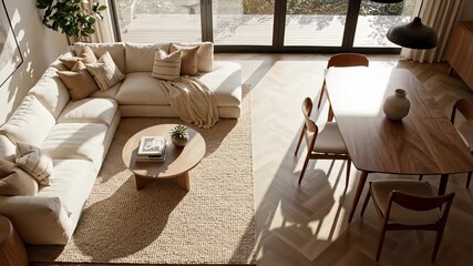 Luxurious living room setting with plush couch, coffee table, and television dominating one wall, inviting relaxation and socializing, perfect for upscale product promotions or elegant editorial.