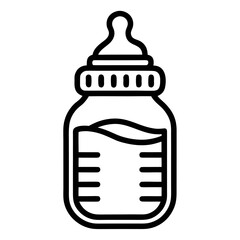A clean, black and white line drawing of a baby bottle filled with liquid, featuring measurement markings and a nipple.