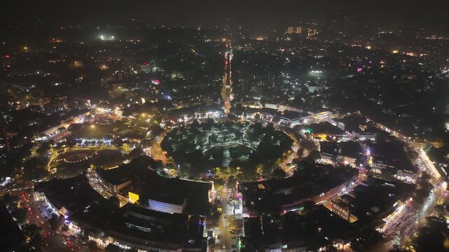 Aerial night drone shot of Connaught Place, New Delhi, India