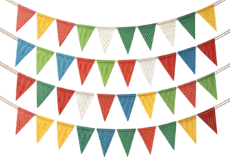Colorful party bunting flags on a string isolated on a transparent background.
