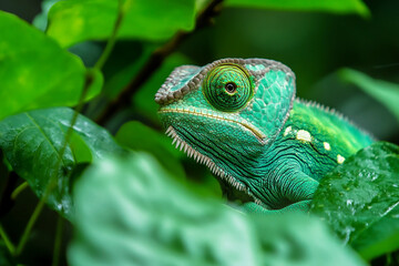 Obraz premium Generative AI image of vibrant green chameleon camouflaging among leaves in tropical summer forest with detailed skin and jungle background