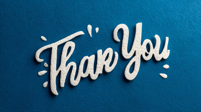 Thank you message for card, presentation, business. Expressing gratitude, acknowledgment and appreciation. Minimalist abstract design with white cut out paper on blue background.