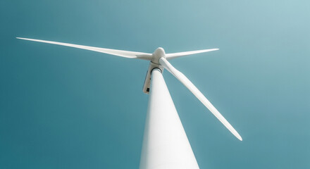 A low-angle, close-up shot of a wind turbine with a clear blue sky background, emphasizing clean, renewable energy production. Showcasing the turbine's blades and structure in detail.