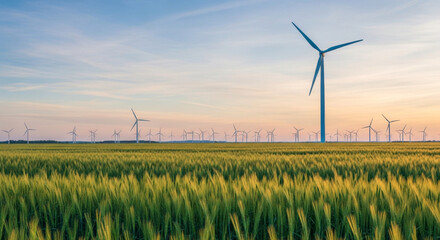 A field of golden wheat hosts numerous wind turbines under a sunset sky. The turbines generate renewable energy in a rural setting, promoting sustainability.