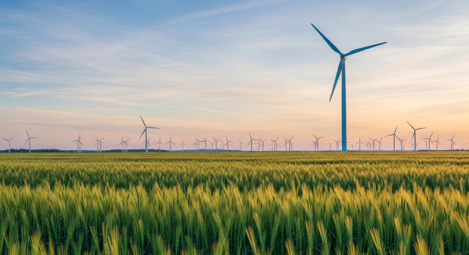 A field of golden wheat hosts numerous wind turbines under a sunset sky. The turbines generate renewable energy in a rural setting, promoting sustainability.