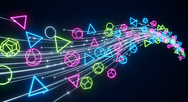 Abstract geometric shapes flowing with neon light trails - Powered by Adobe