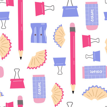 Seamless pattern with school supplies. Back to school. Vector flat illustrations of pencils, eraser and paper clips