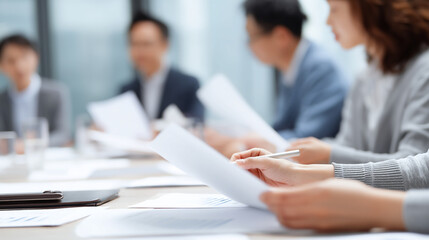Modern Minimalist Meeting Room, Asian Professionals Reviewing Reports, Seated Around Table, Corporate Atmosphere