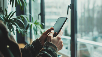 Hands Holding Smartphone, Booking Action, Modern Office, Natural Daylight, Focus on Hands and Phone, No Face, Professional Tone