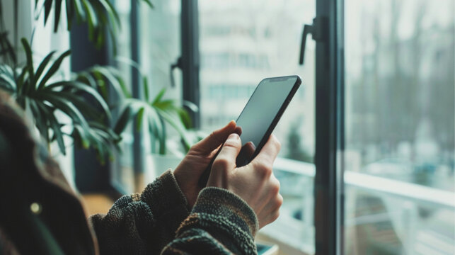 Hands Holding Smartphone, Booking Action, Modern Office, Natural Daylight, Focus on Hands and Phone, No Face, Professional Tone