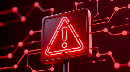 A glowing red neon warning sign on a dark background with a connected network, symbolizing cybersecurity alert.