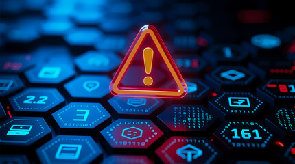 A glowing warning icon over a hexagonal digital grid, a concept for cybersecurity threats and data risk.