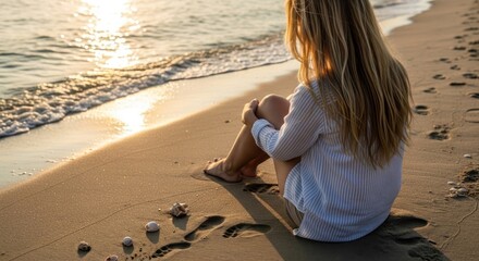 Woman sitting alone on the beach at sunset reflecting solitude concept